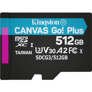 Kingston MicroSDXC 512GB Canvas Go! Plus Class 10 UHS-I U3 V30 A2 (SDCG3/512GBSP) лучшая модель в Виннице