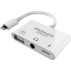 Адаптер Promate MediaBridge-i Lightning/USB 3.0 OTG+AUX 3.5 мм+10 Вт Lightning-in White (mediabridge-i.white) ТОП в Вінниці