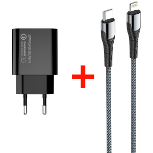 Мережевий зарядний пристрій СolorWay Power Delivery USB Type-C (20W) V2 + Кабель Type-C-Apple Lightning (PD 30W) 3.0А 1 м (CW-CHS026PD-BK/CBPDCL033-GR) в Вінниці