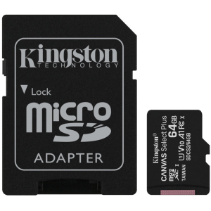 Kingston microSDXC 64GB Canvas Select Plus Class 10 UHS-I U1 V10 A1 + SD-адаптер (SDCS2/64GB)