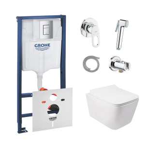 хорошая модель Комплект инсталляция Grohe Rapid SL 38772001 + унитаз с сиденьем Qtap Crow QT05335170W + набор для гигиенического душа со смесителем Grohe BauLoop 111042