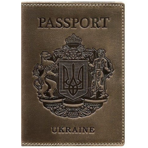 Новий Обкладинка для паспорта шкіряна з українським гербом BlankNote BN-OP-UA-o Темно-коричнева ТОП в Вінниці