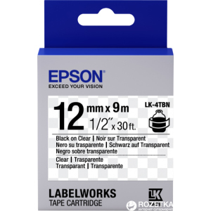 Картридж зі стрічкою Epson LabelWorks LK4TBN 12 мм / 9 м Black/Clear (C53S654012) краща модель в Вінниці