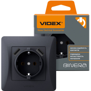 Розетка VIDEX Binera с заземлением и двумя USB Черный графит (VF-BNSK1GU2-BG)