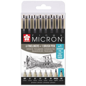 Набір лінерів Sakura Pigma Micron 6 шт 1 лінер-пензель Pigma Brush + Pigma Micron PN в подарунок в Вінниці