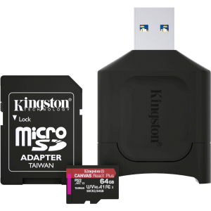 Kingston MicroSDXC 64GB Canvas React Plus Class 10 UHS-II U3 ​​​​V90 A1 + SD-адаптер + USB-кардрідер (MLPMR2/64GB) ТОП в Вінниці