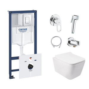 хорошая модель Комплект инсталляция Grohe Rapid SL 38827000 + унитаз с сиденьем Qtap Crow QT05335170W + набор для гигиенического душа со смесителем Grohe BauLoop 111042