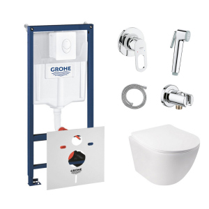 Комплект инсталляция Grohe Rapid SL 38722001 + унитаз с сиденьем Qtap Jay QT07335176W + набор для гигиенического душа со смесителем Grohe BauLoop 111042 лучшая модель в Виннице